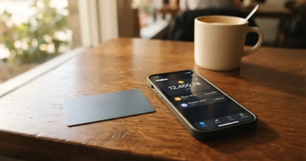 A payment card next to a phone with a crypto wallet app open