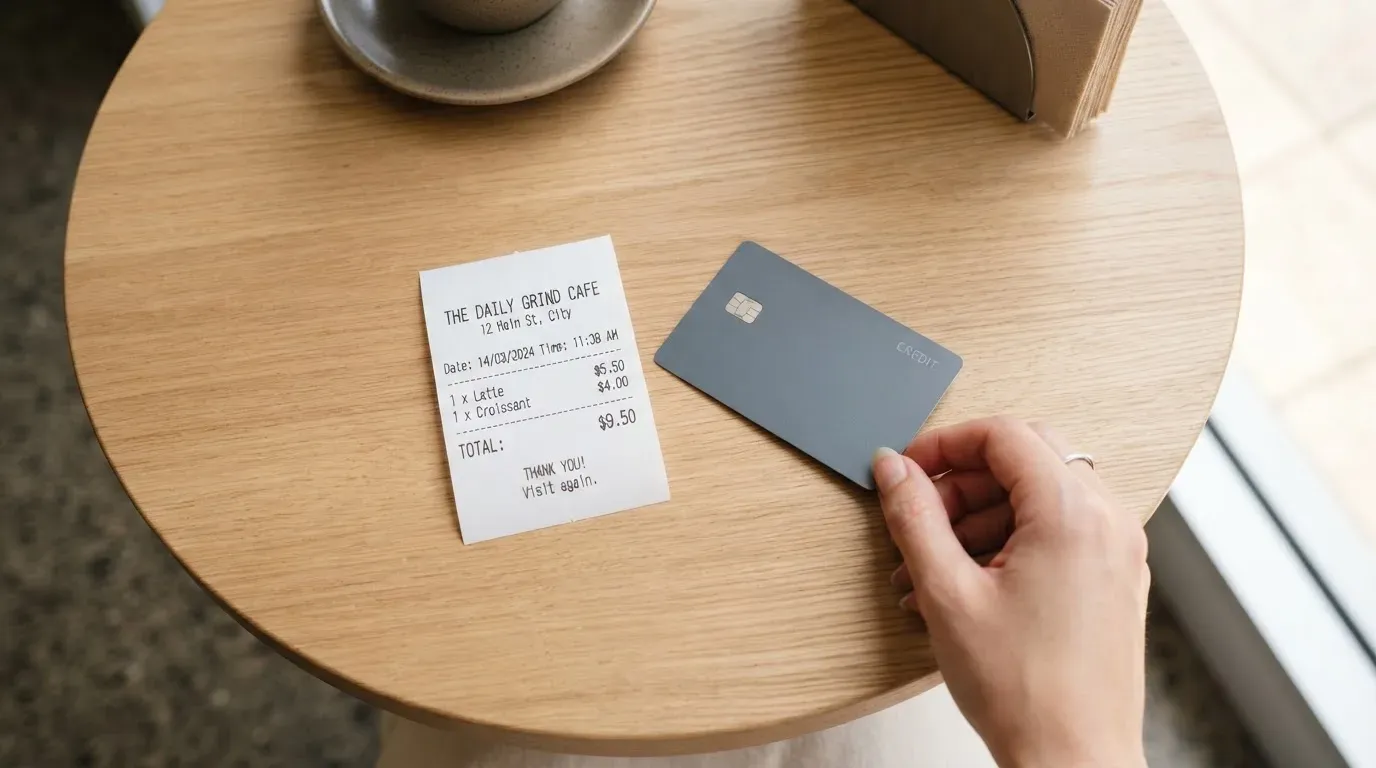 A receipt and a card on a café table
