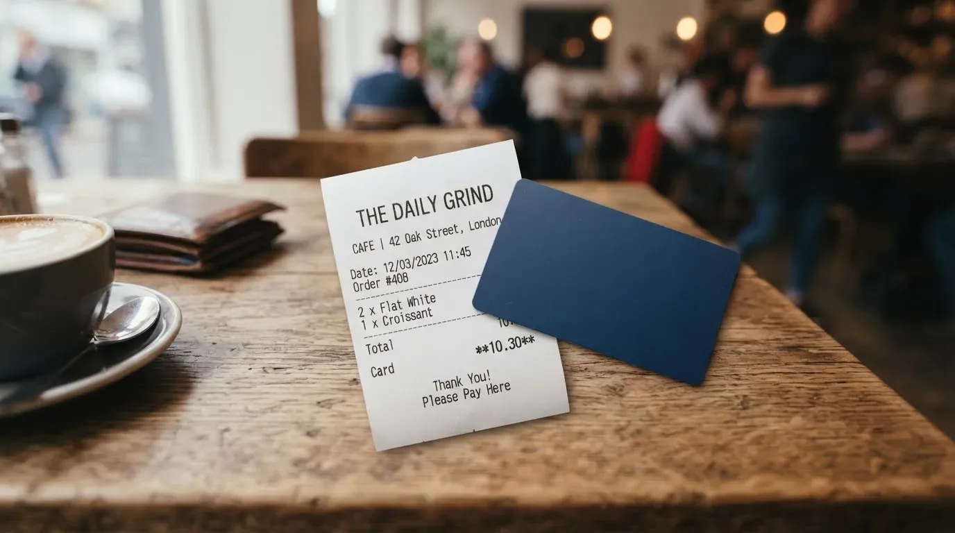 A receipt and a card on a café table