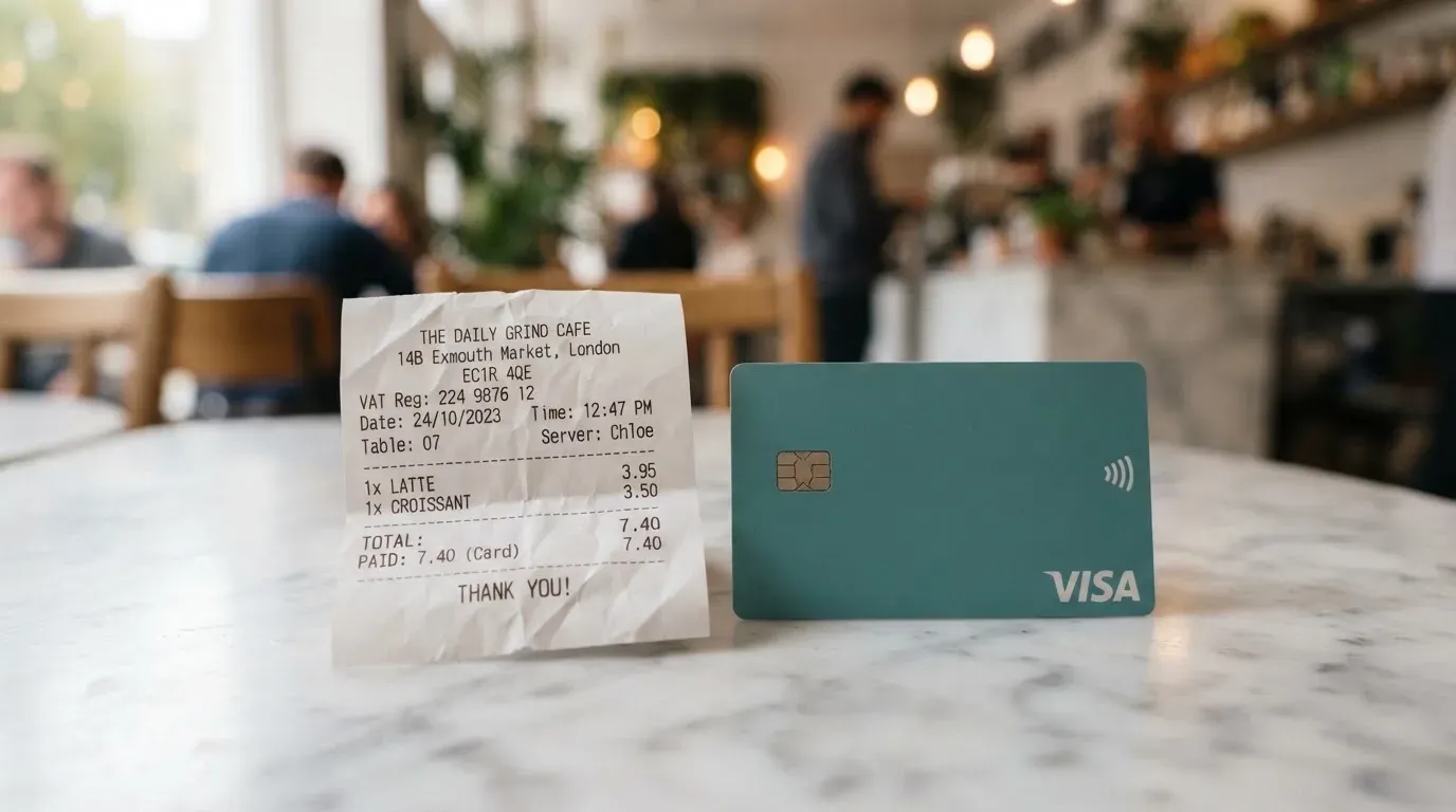 A receipt and a card on a café table