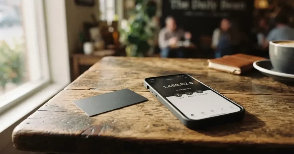 A payment card next to a phone with a crypto wallet app open