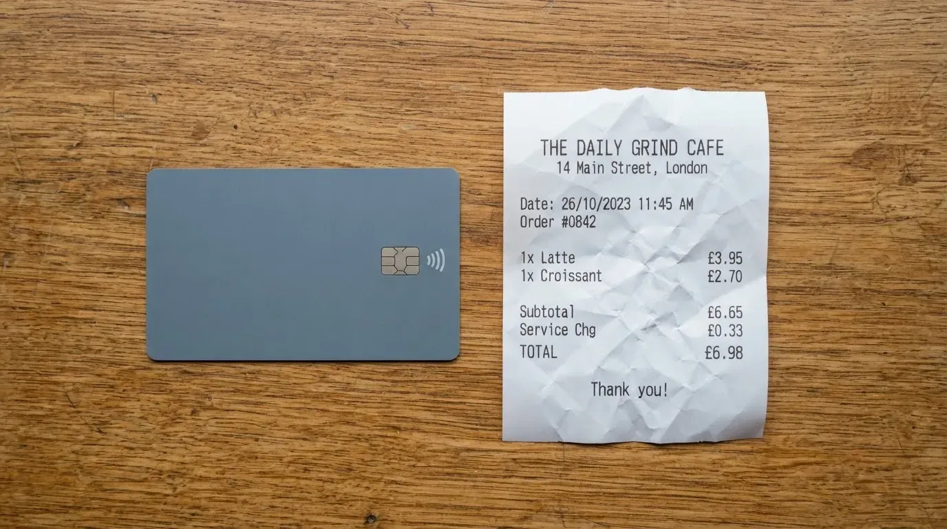 A receipt and a card on a café table