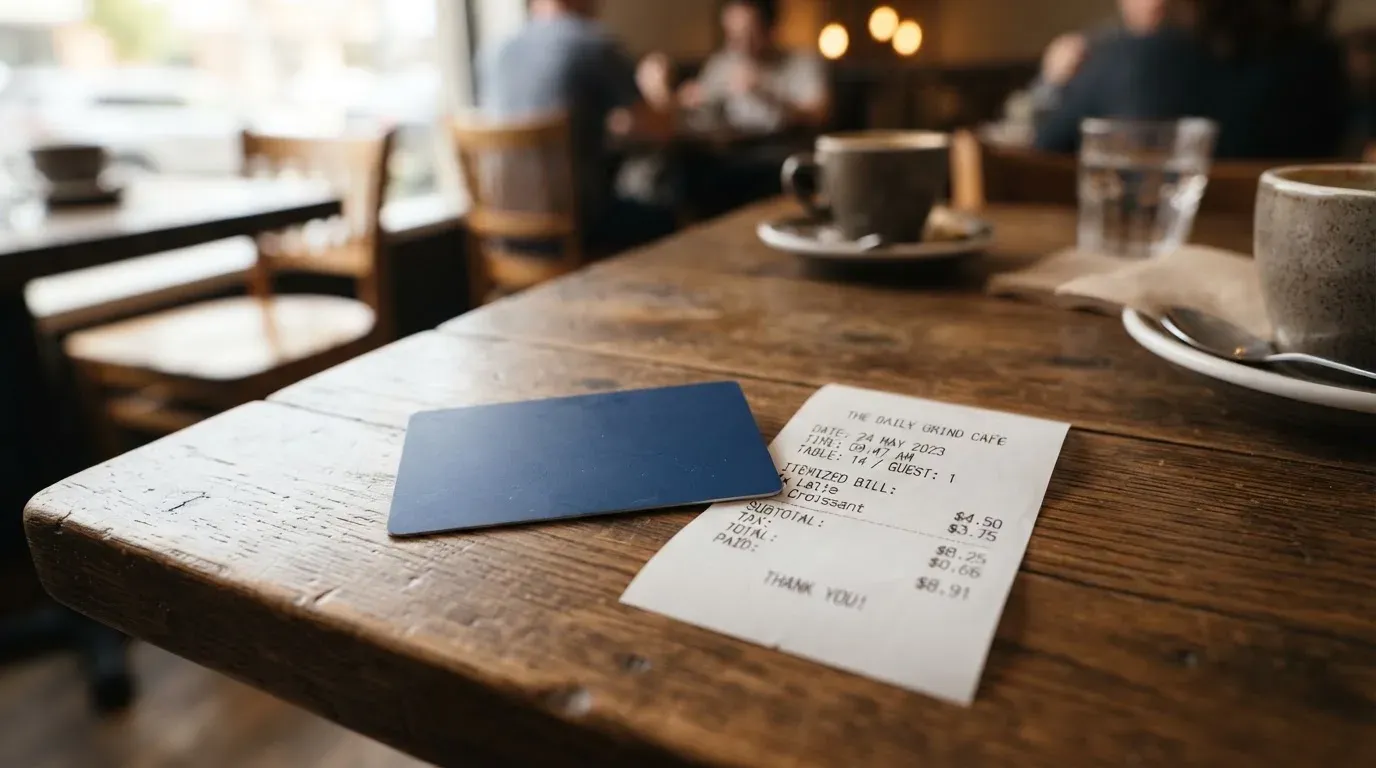 A receipt and a card on a café table