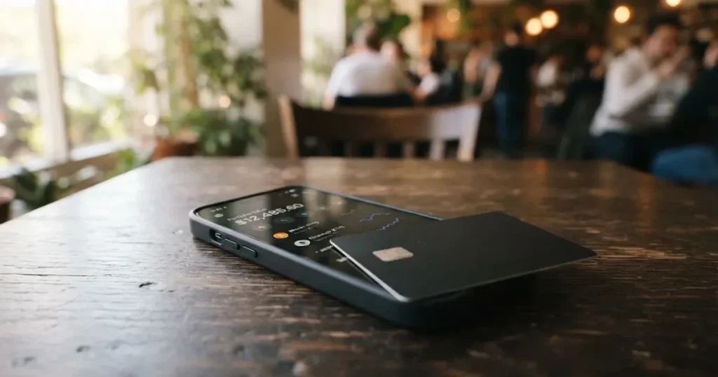 A payment card next to a phone with a crypto wallet app open