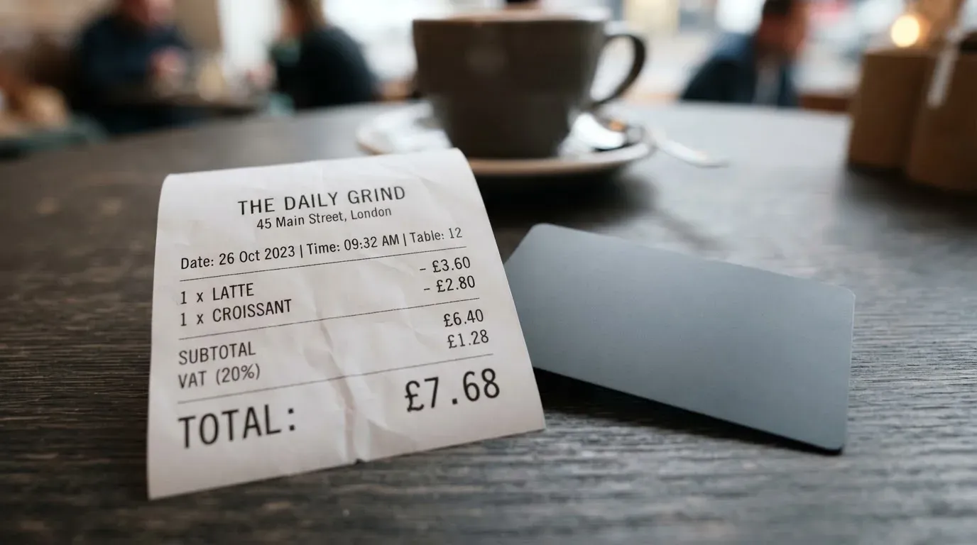 A receipt and a card on a café table