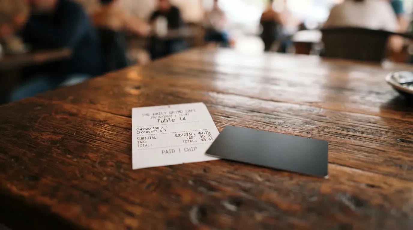 A receipt and a card on a café table