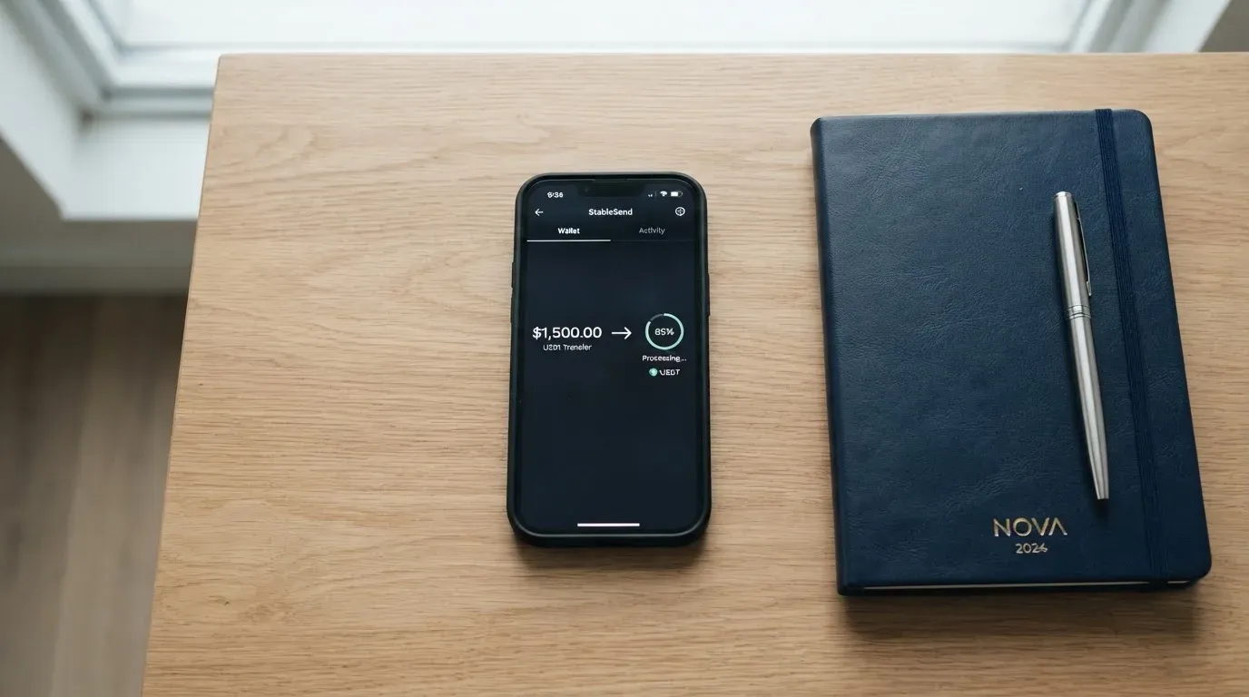 A phone showing a stablecoin transfer screen