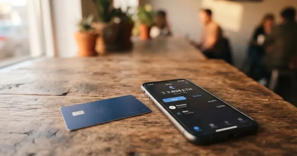 A payment card next to a phone with a crypto wallet app open