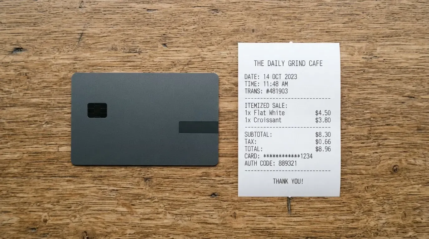 A receipt and a card on a café table
