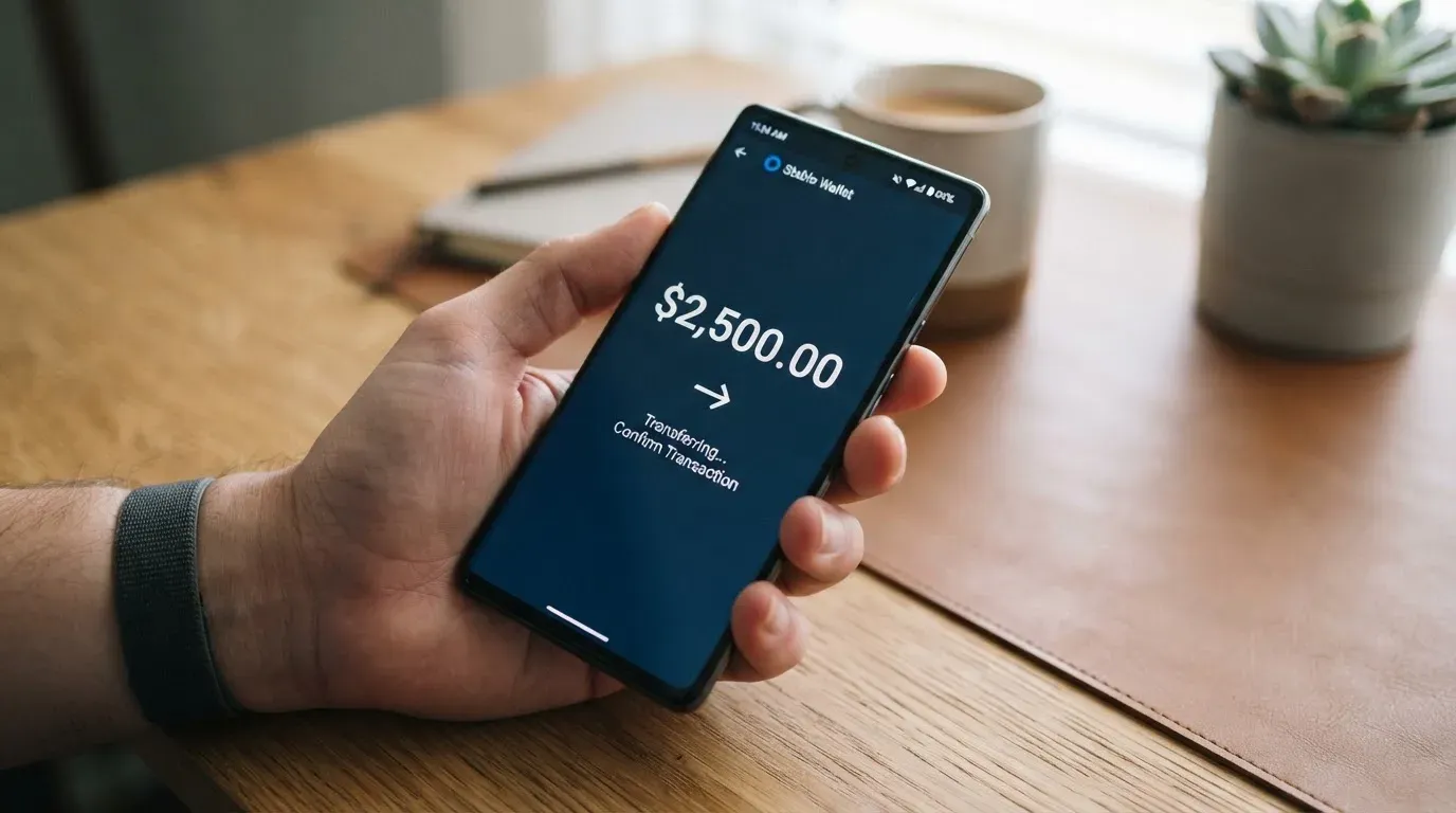 A phone showing a stablecoin transfer screen