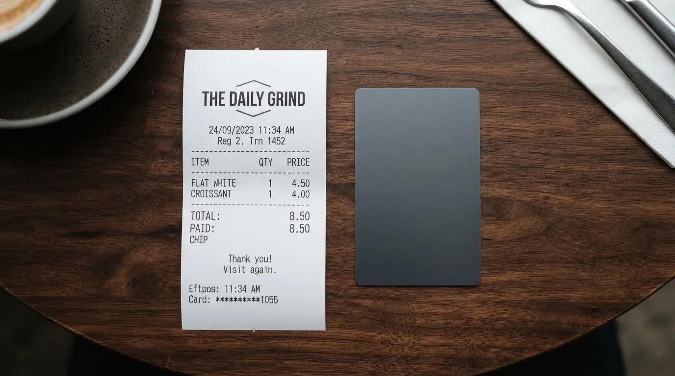 A receipt and a card on a café table