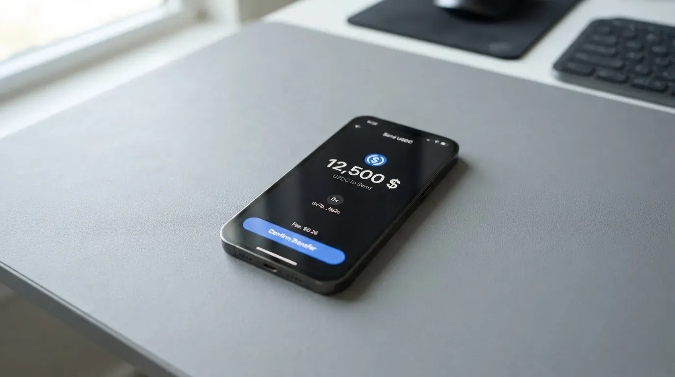 A phone showing a stablecoin transfer screen