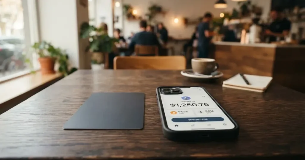 A payment card next to a phone with a crypto wallet app open