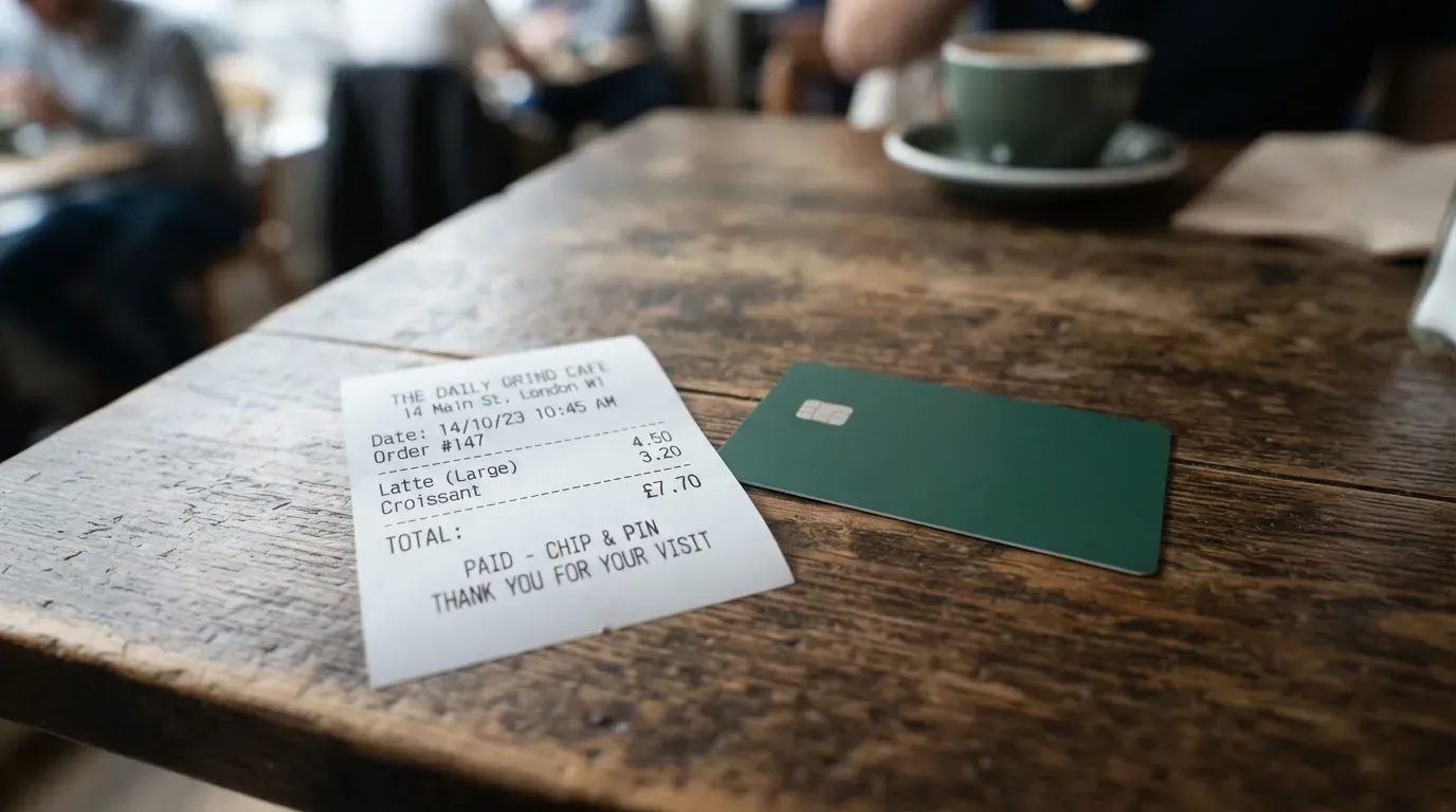A receipt and a card on a café table