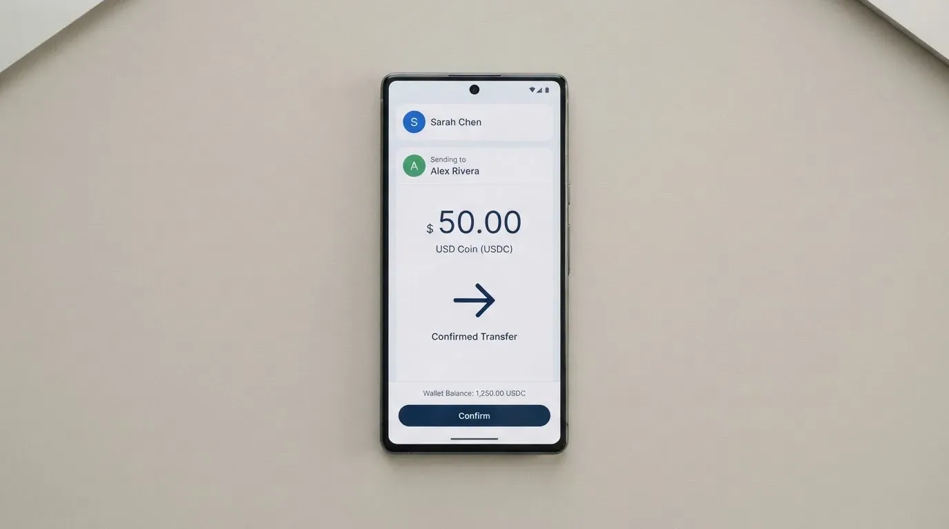 A phone showing a stablecoin transfer screen