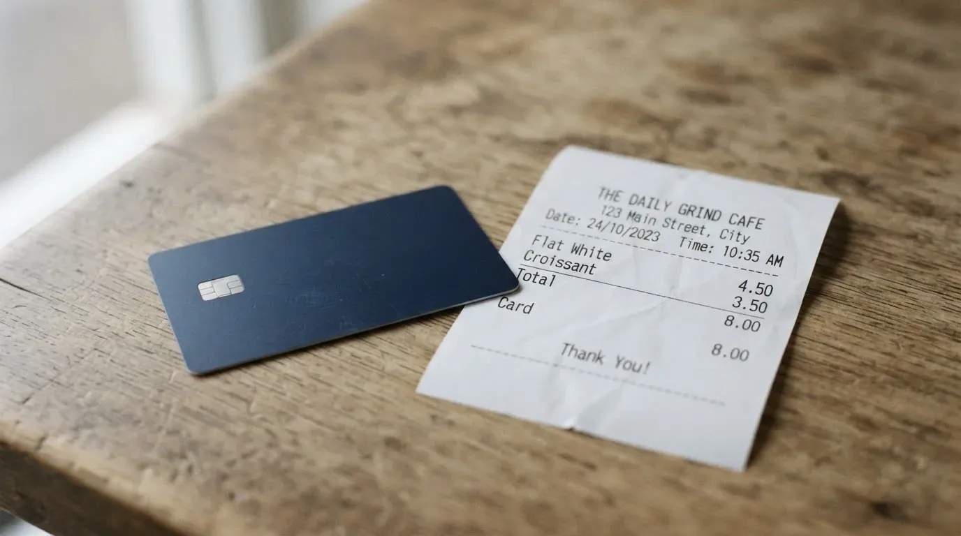 A receipt and a card on a café table
