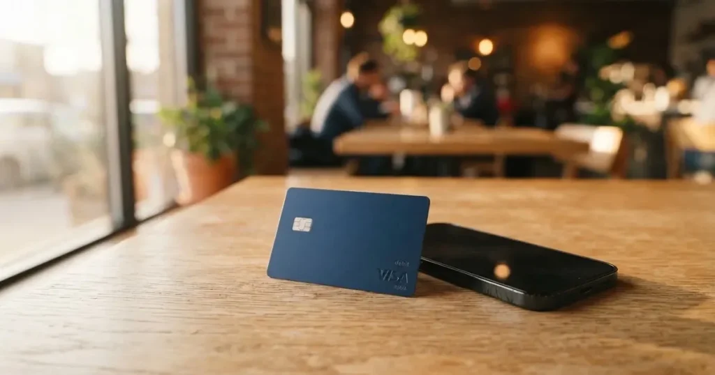 A payment card next to a phone with a crypto wallet app open