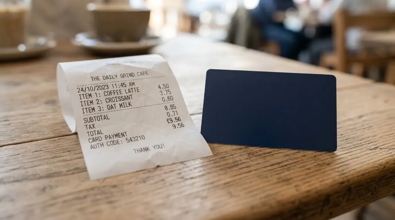 A receipt and a card on a café table