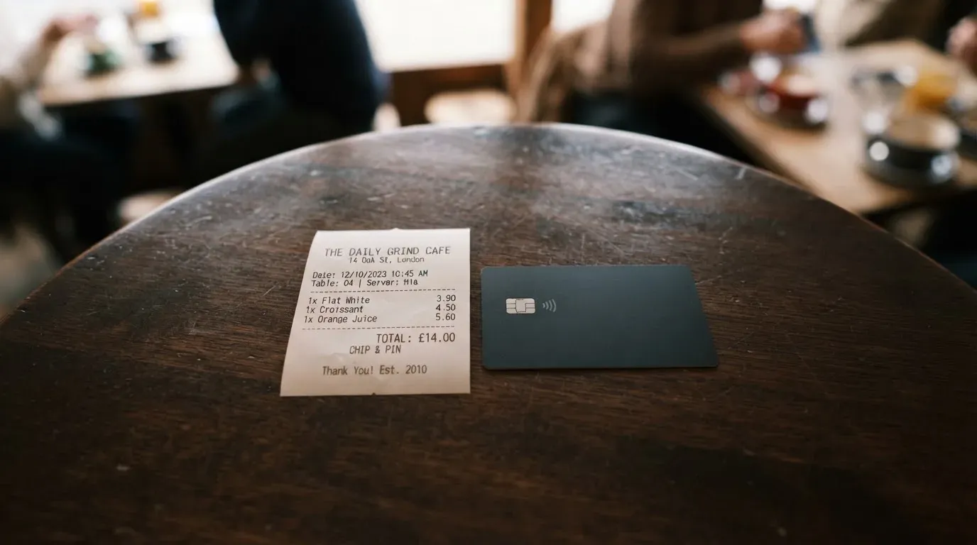 A receipt and a card on a café table