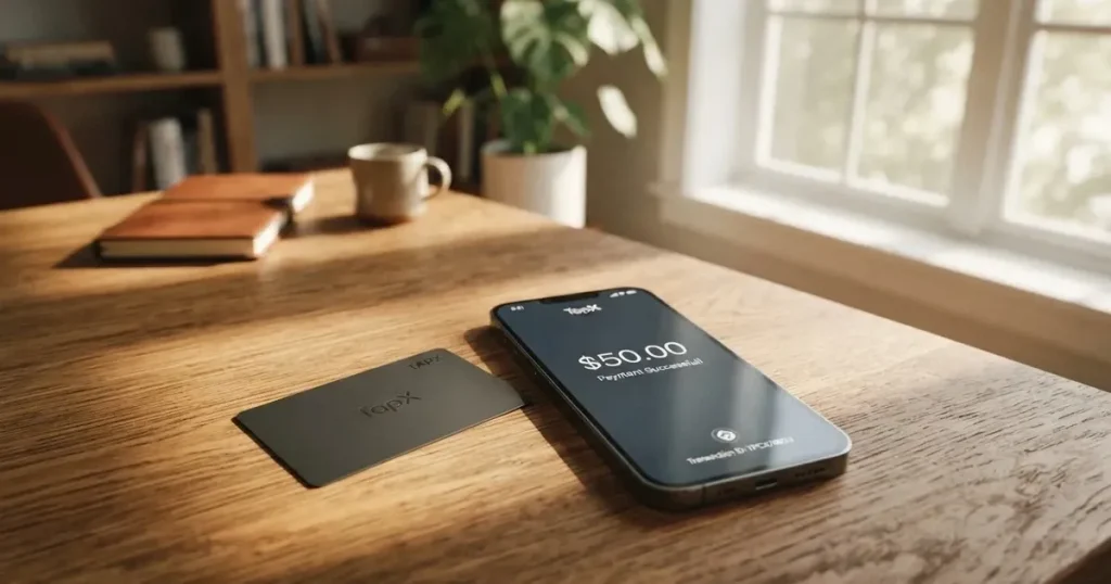 A payment card next to a phone with a crypto wallet app open