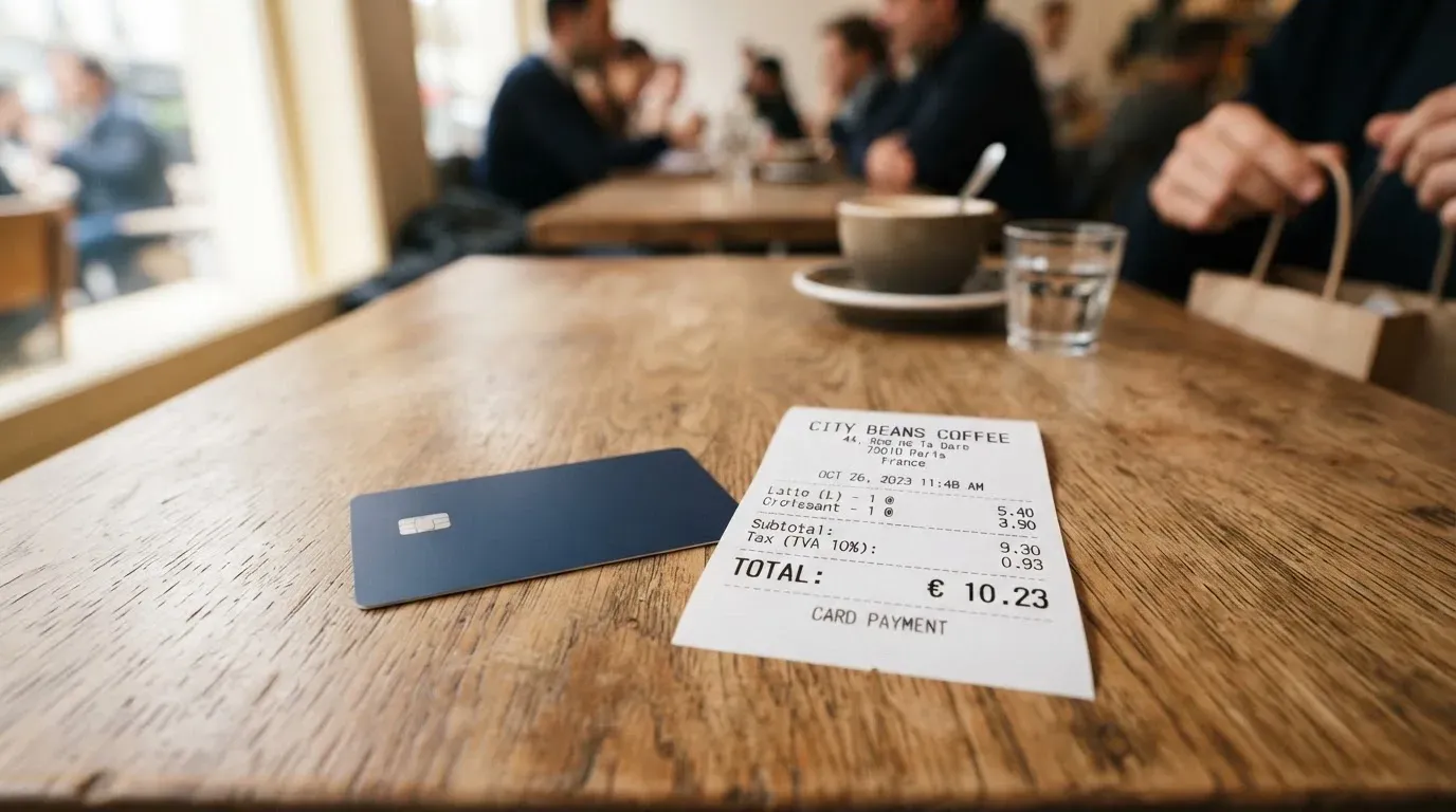 A receipt and a card on a café table