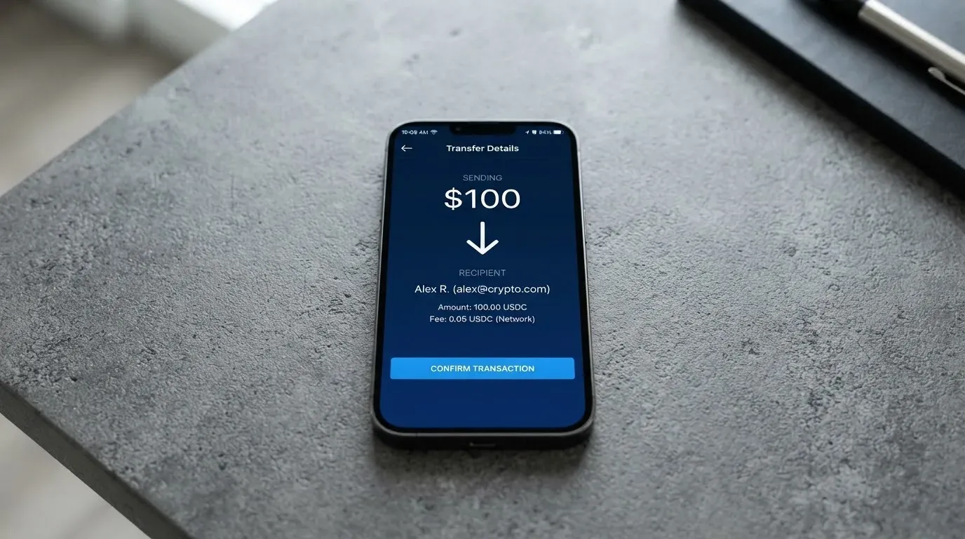 A phone showing a stablecoin transfer screen