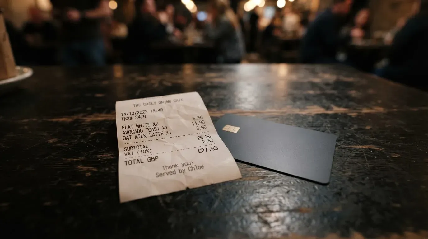 A receipt and a card on a café table