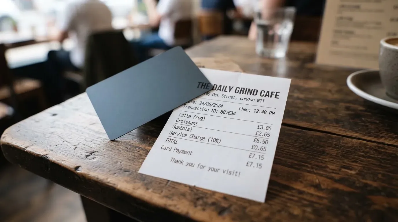 A receipt and a card on a café table