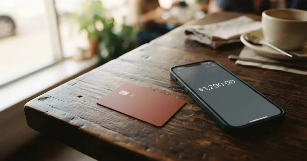 A payment card next to a phone with a crypto wallet app open