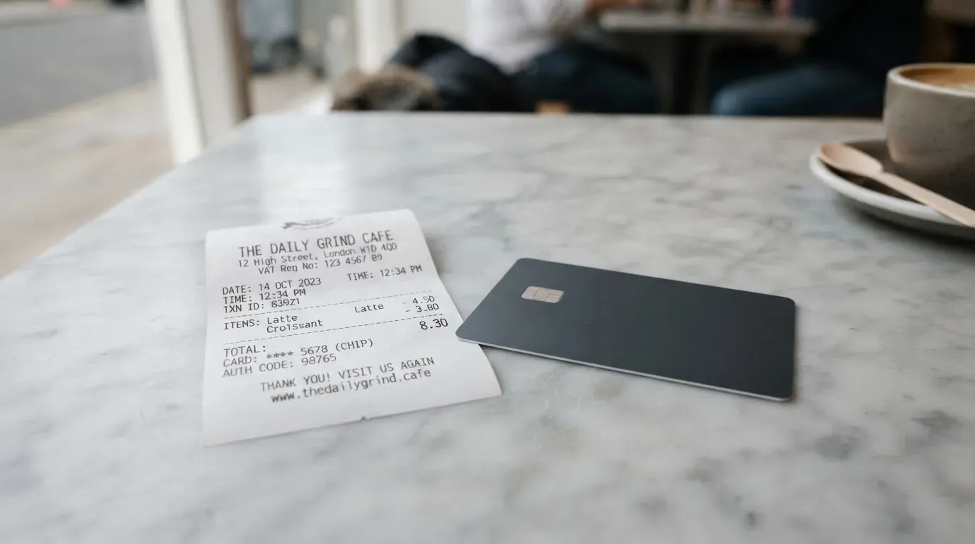 A receipt and a card on a café table