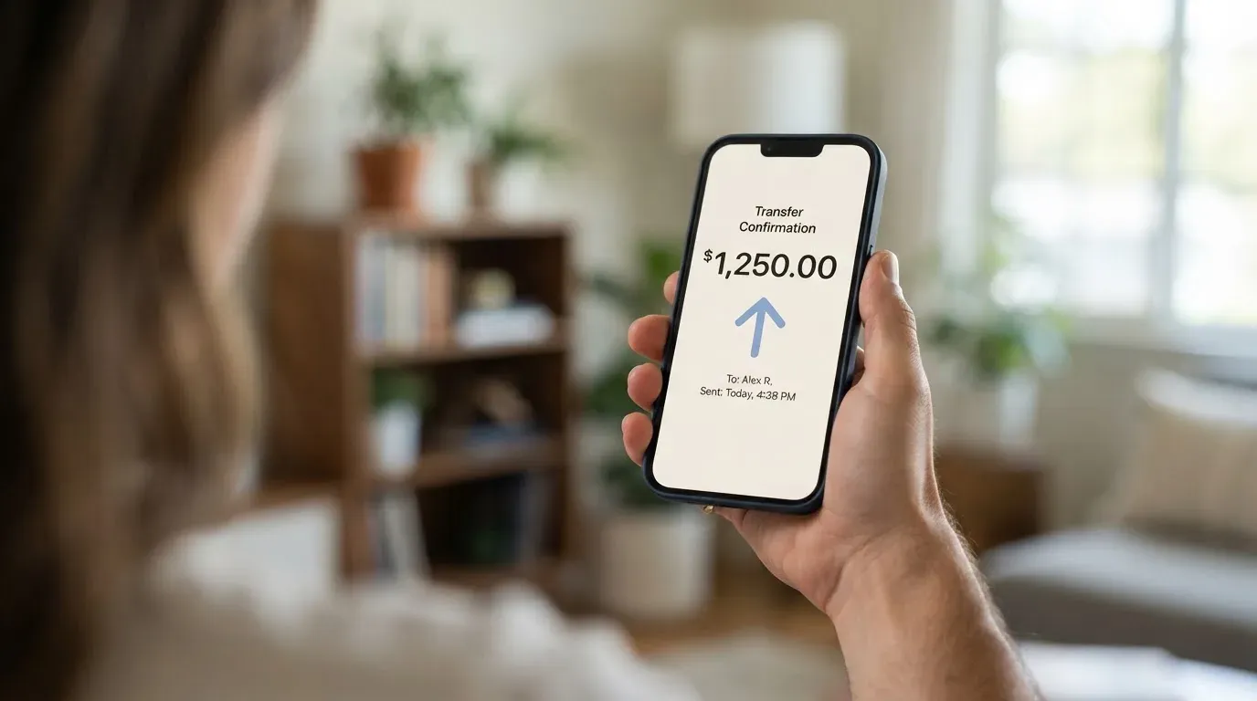 A phone showing a stablecoin transfer screen
