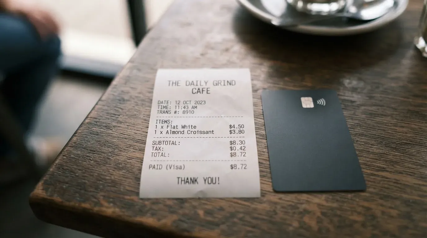A receipt and a card on a café table