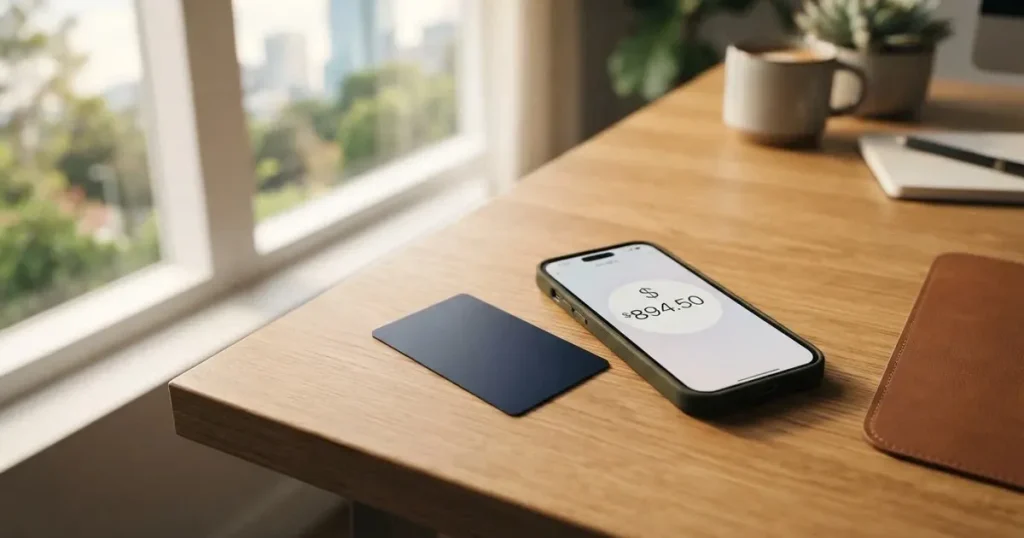 A payment card next to a phone with a crypto wallet app open