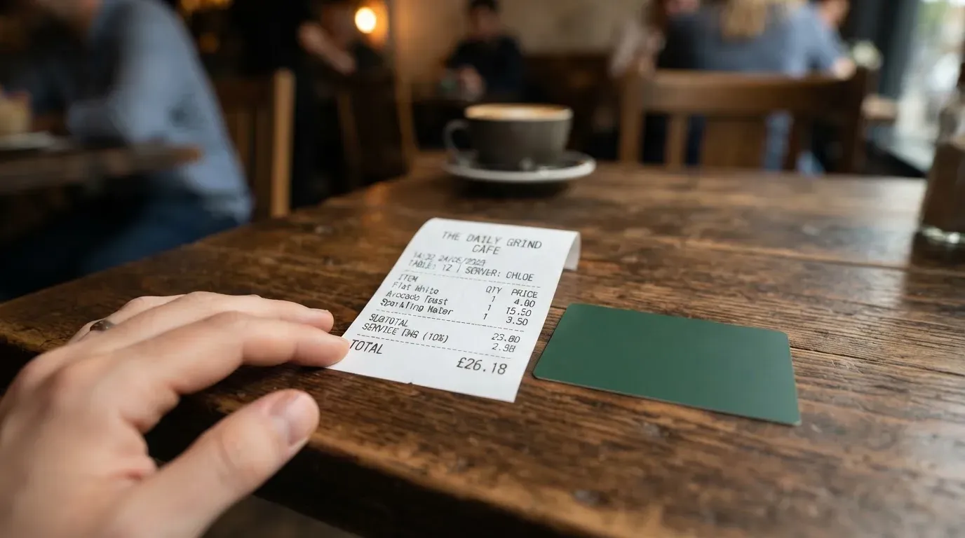 A receipt and a card on a café table