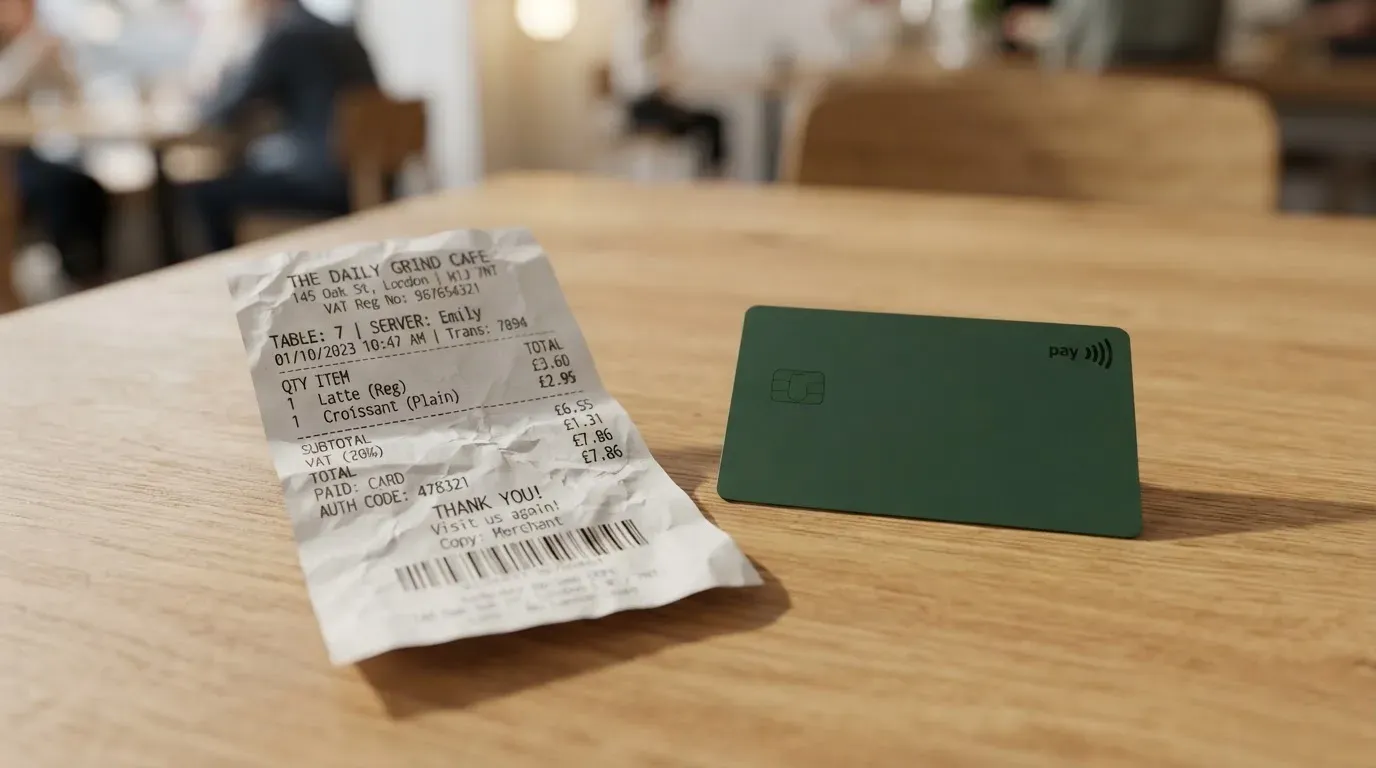 A receipt and a card on a café table