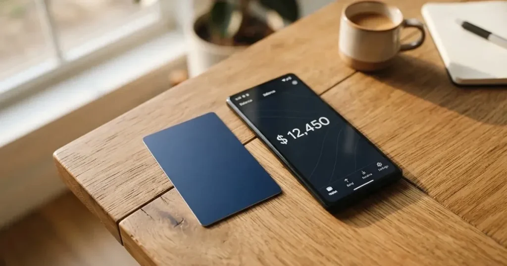 A payment card next to a phone with a crypto wallet app open