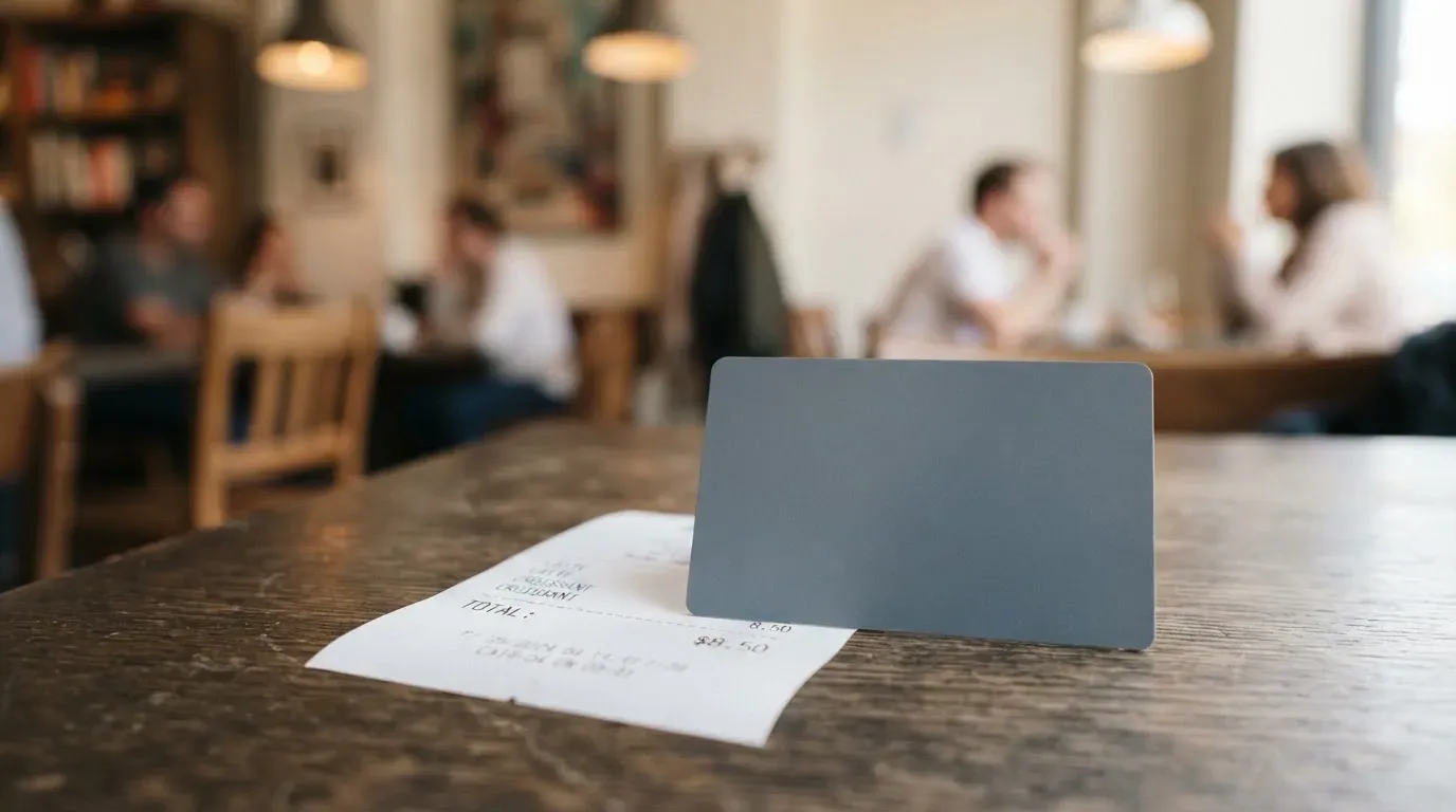 A receipt and a card on a café table