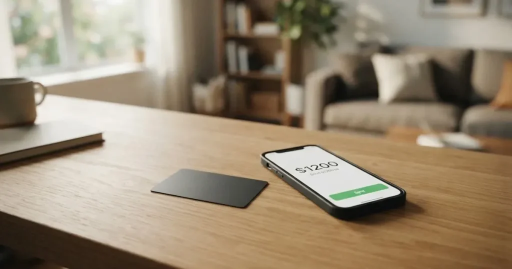 A payment card next to a phone with a crypto wallet app open