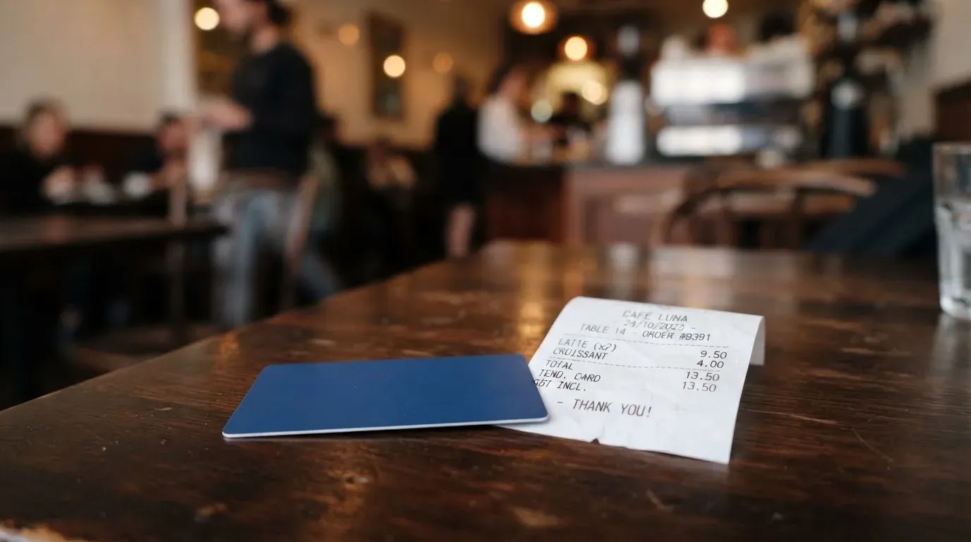 A receipt and a card on a café table