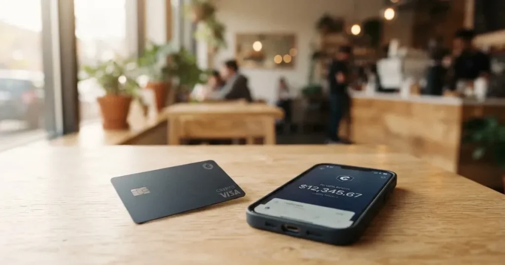 A payment card next to a phone with a crypto wallet app open