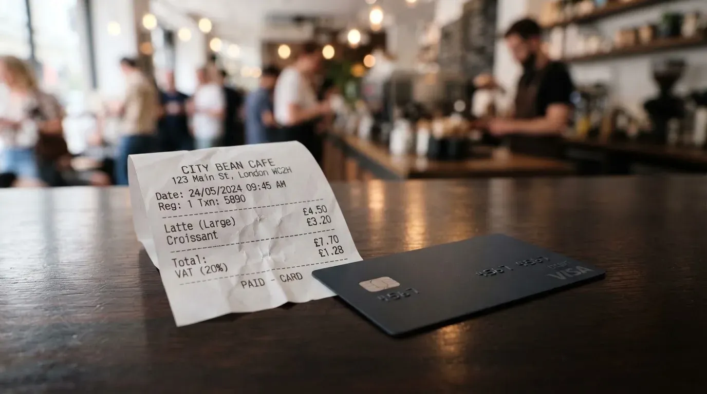 A receipt and a card on a café table