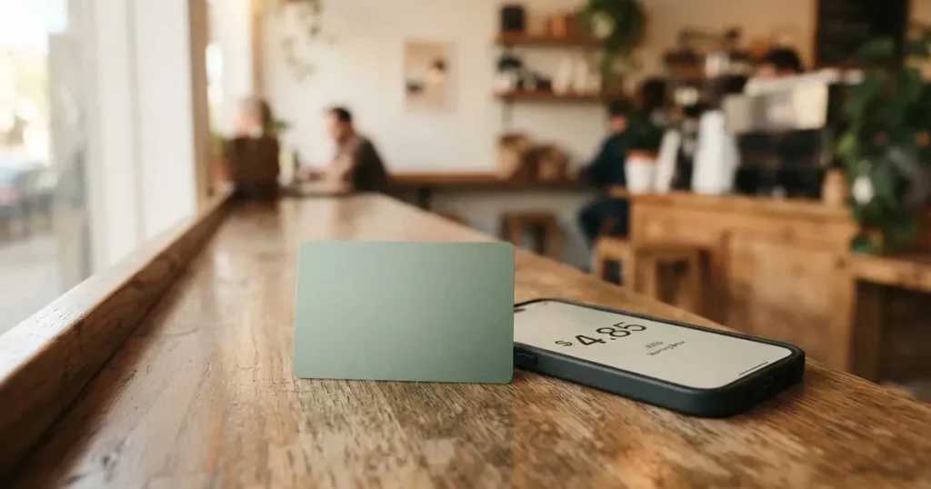 A payment card next to a phone with a crypto wallet app open