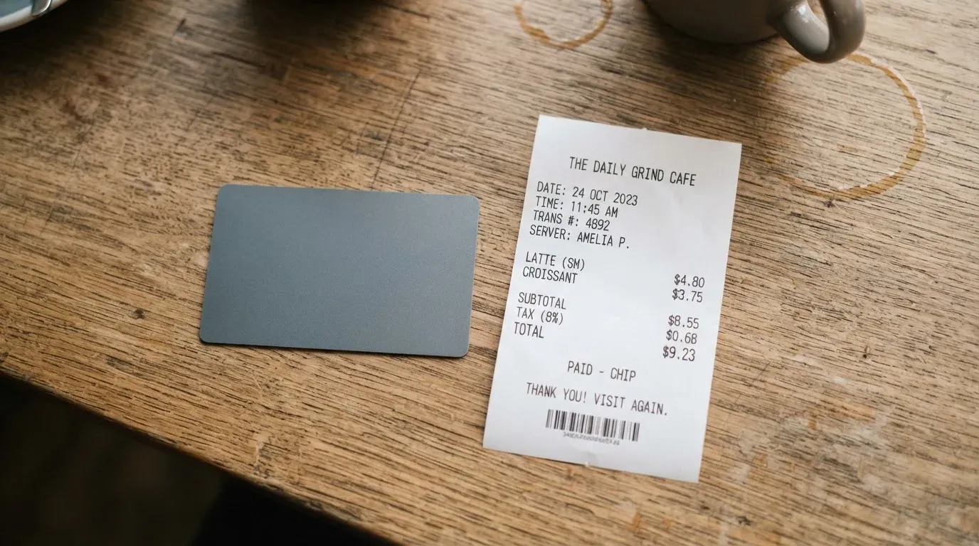 A receipt and a card on a café table