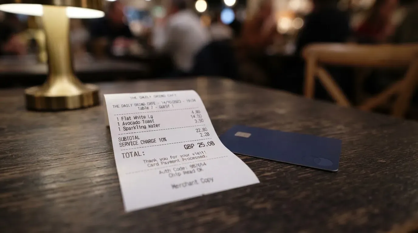 A receipt and a card on a café table