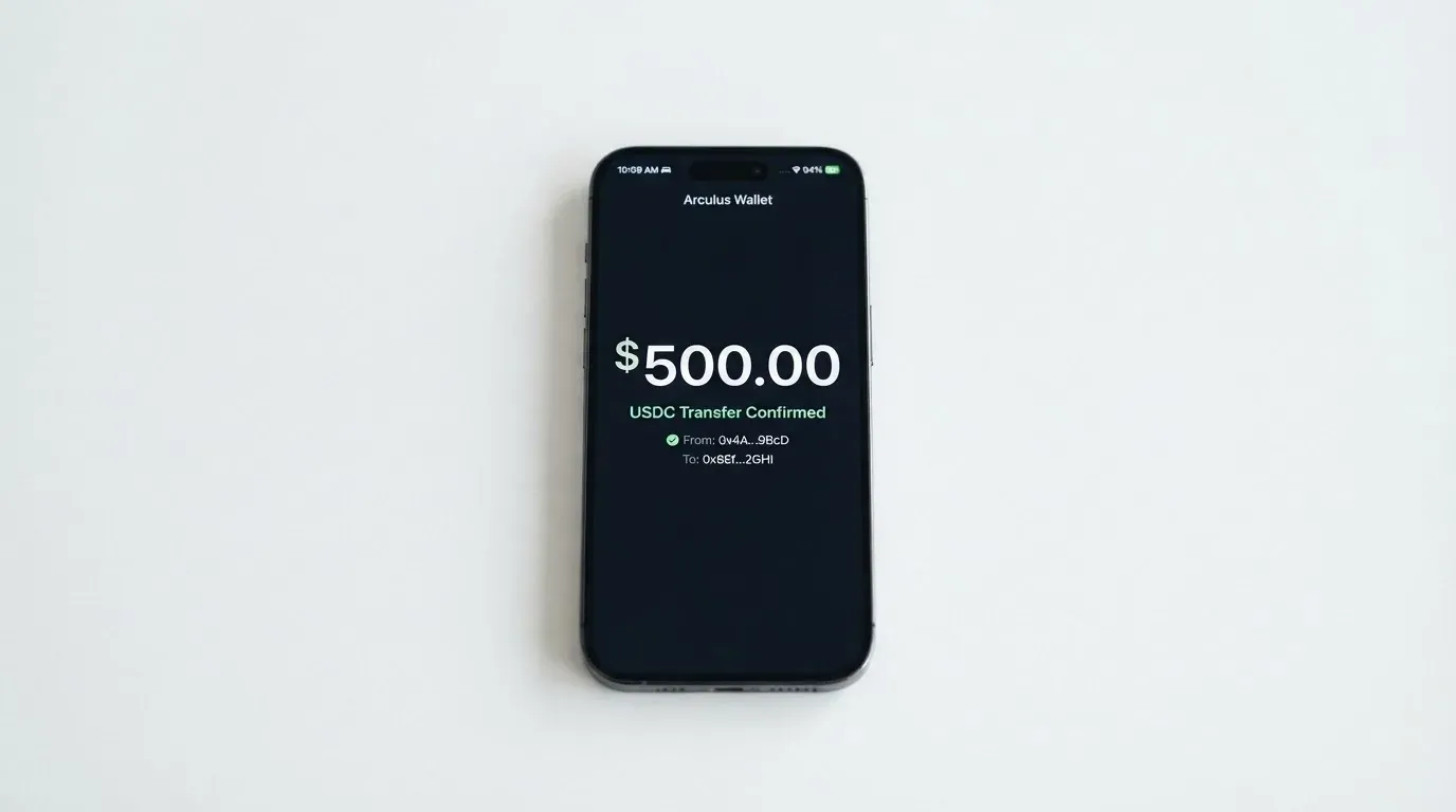A phone showing a stablecoin transfer screen