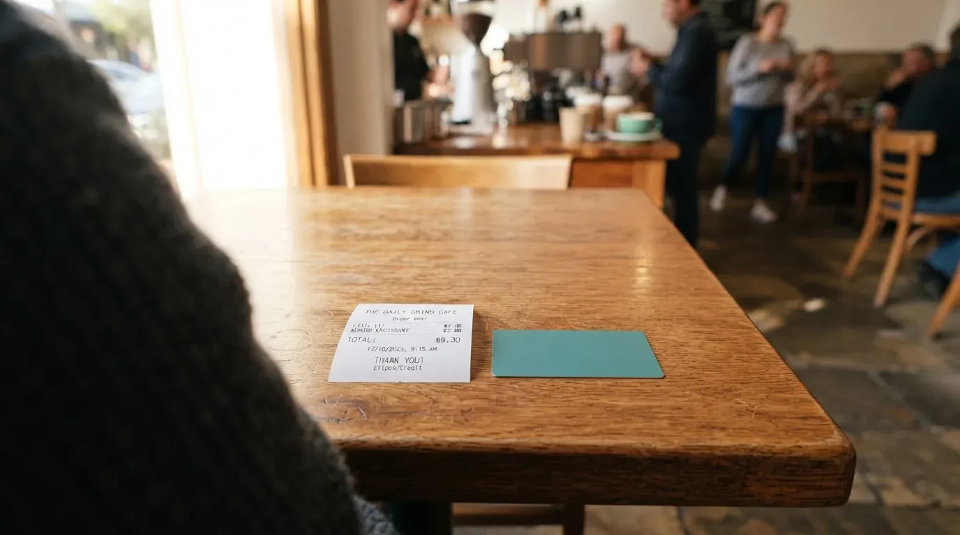 A receipt and a card on a café table