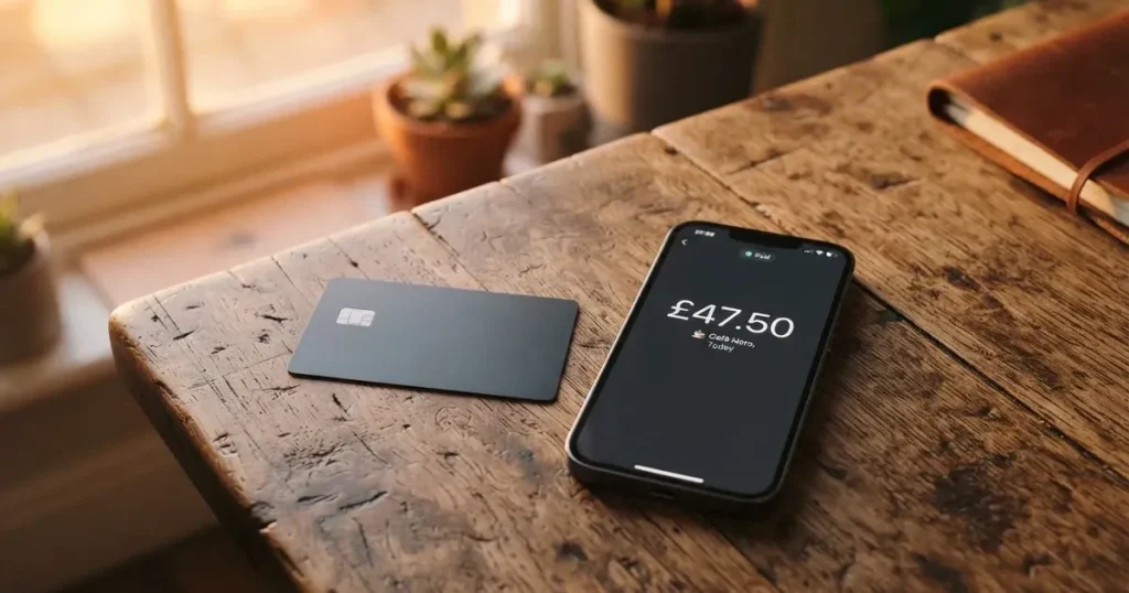 A payment card next to a phone with a crypto wallet app open