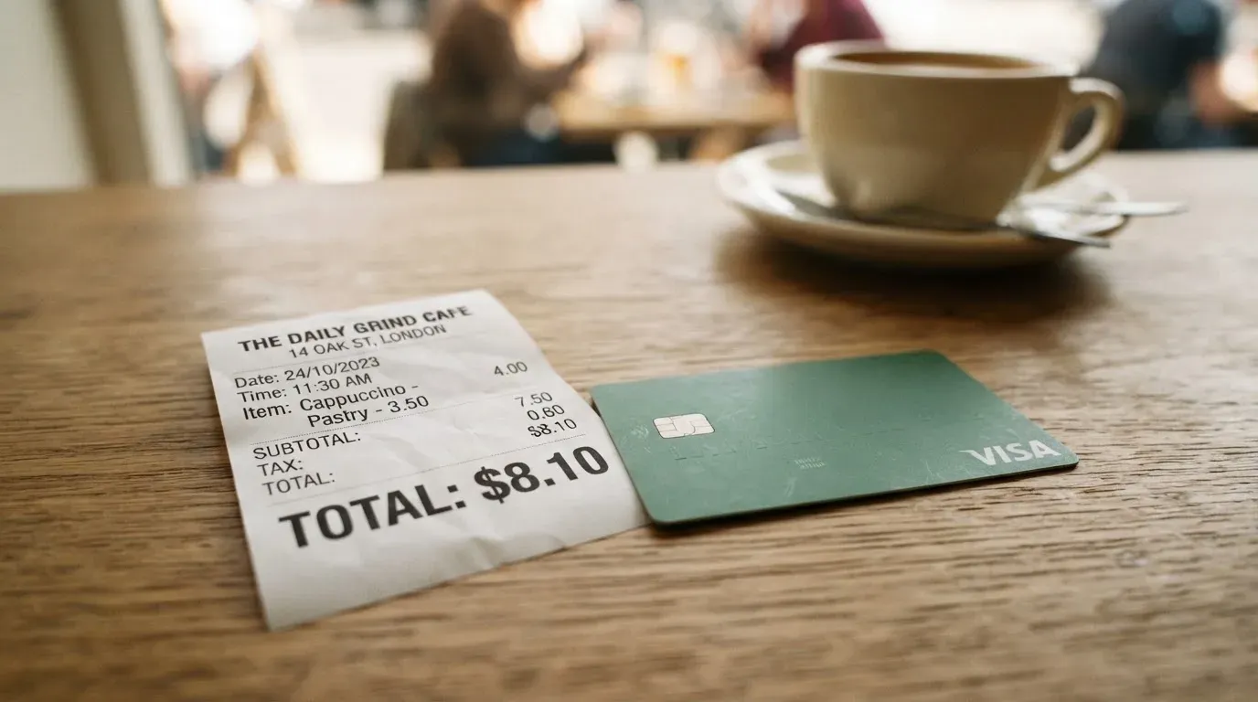 A receipt and a card on a café table