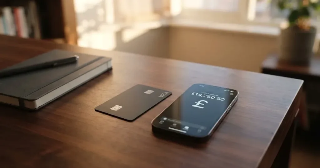 A payment card next to a phone with a crypto wallet app open