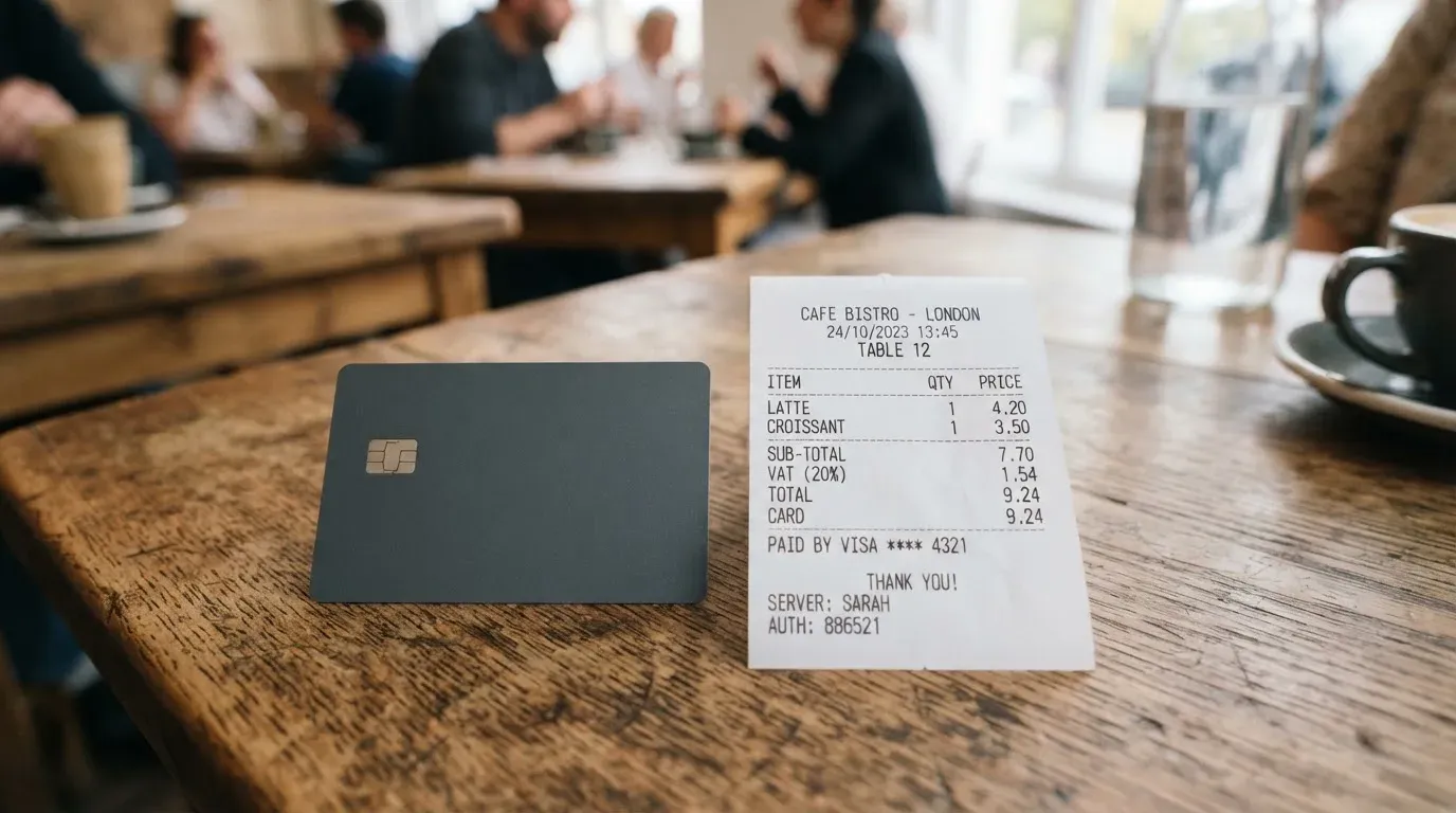 A receipt and a card on a café table